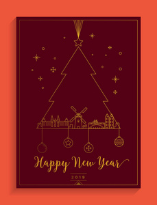 新年快乐，彩色卡片，杉树和建筑物