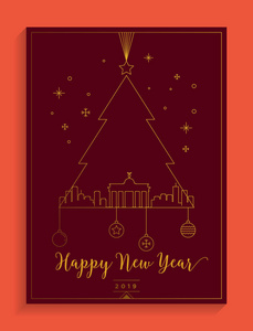 新年快乐，彩色卡片，杉树和建筑物