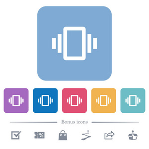 智能手机振动白色平面图标上的彩色圆形方形背景。 包括6个奖金图标