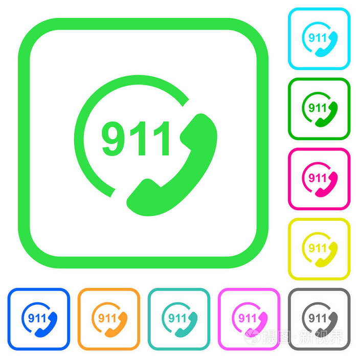 紧急呼叫911生动的彩色平面图标在弯曲的边界白色背景
