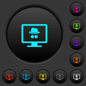 监视器与隐名符号暗按钮与生动的颜色图标在深灰色背景