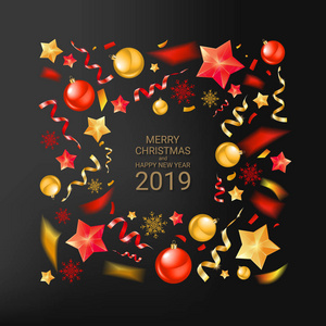圣诞快乐和2019年新年贺卡与优雅的框架，由现实的黄金和红色箔星，雪花和闪光。 矢量图。 黑暗的背景