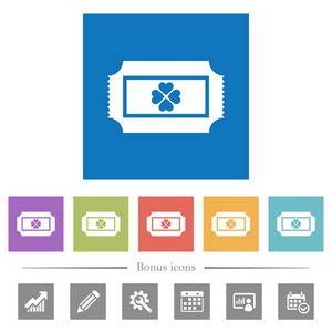 彩票平面白色图标在方形背景。 包括6个奖金图标。