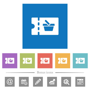 购物折扣优惠券平面白色图标在方形背景。 包括6个奖金图标。