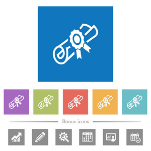 文凭卷轴与印章平面白色图标在方形背景。 包括6个奖金图标。