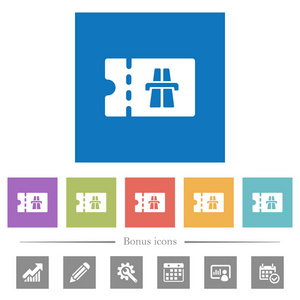 公路费折扣优惠券平面白色图标在方形背景。 包括6个奖金图标。