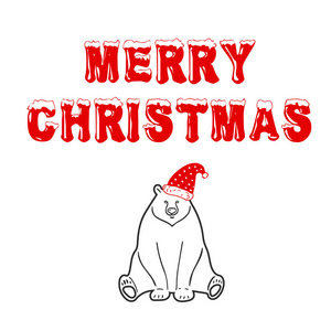 圣诞快乐贺卡设计模板布局白色背景与北极熊红色帽子文字与雪。