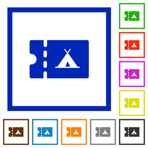 露营折扣优惠券平面颜色图标，方形框架白色背景