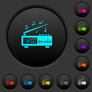 老式收音机时钟与音乐深色按钮与生动的颜色图标深灰色背景