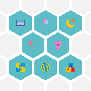 一套婴儿图标平面风格符号与身体礼服, 教育玩具, 球和其他图标为您的网络移动应用程序标志设计