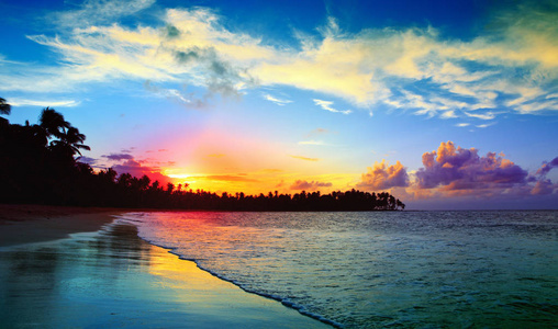 加勒比日落在热带海滩与椰子棕榈树