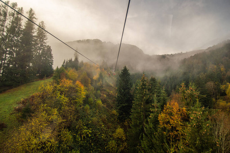 缆车观赏雾蒙蒙的山林