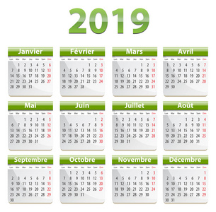 2019年法语绿色日历。 矢量插图