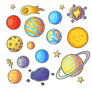 空间手绘彩色插图集. 涂鸦天文现象. 卡通月彗星小行星闪电爆炸行星.