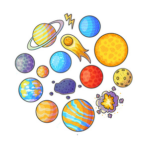 涂鸦天文现象. 卡通月彗星小行星闪电爆炸行星. 圆圈横幅.