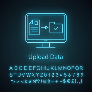 数据上传霓虹灯图标。 文件传送。 网络存储。 数字数据存储。 带有字母编号和符号的发光符号。 矢量插图