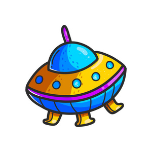 卡通飞碟手绘彩色插图. 可爱的不明飞行物. 航天飞机夹子.