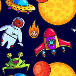 涂鸦动物宇航员ufo行星剪辑. 可爱的外星人角色. 宇宙集合.