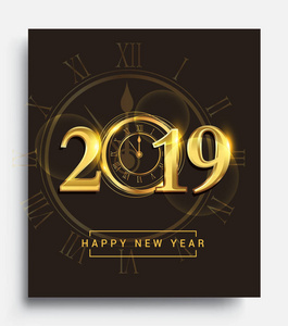 新年卡片模板与2019年黄金文本。 棕色背景下冬季贺卡彩色矢量插图