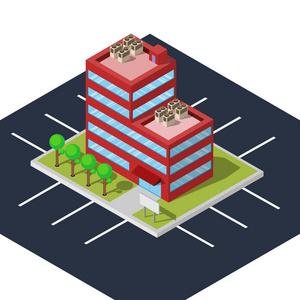 红色办公楼和道路采用平面和等距设计，矢量插图EPS10。
