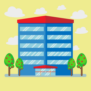 大型商业公司建筑和苹果树，平面风格，矢量插图。
