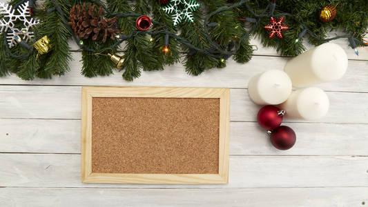 平躺圣诞概念的木材背景。复制空间位置为您的文本