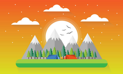 夏令营，红色和蓝色帐篷的景观，篝火，森林和山脉的背景，露营，冒险的自然，假期和旅游概念，矢量插图。