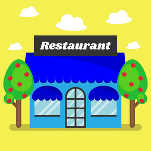 餐厅商店和苹果与平面设计概念，矢量插图。