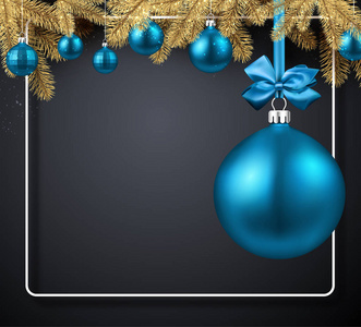 灰色圣诞快乐和新年快乐贺卡与框架冷杉枝和蓝色圣诞球