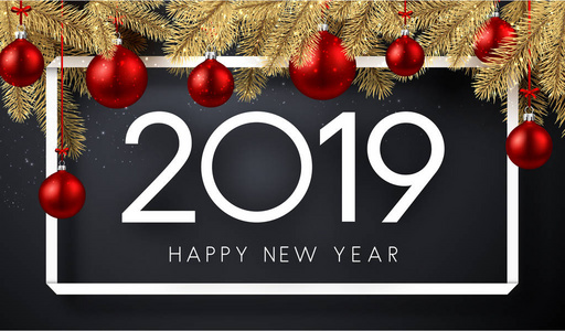 新年快乐，2019年卡，框架冷杉枝和红色圣诞球灰色