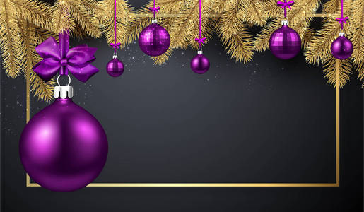灰色圣诞快乐和新年快乐卡与框架冷杉枝和紫罗兰圣诞球