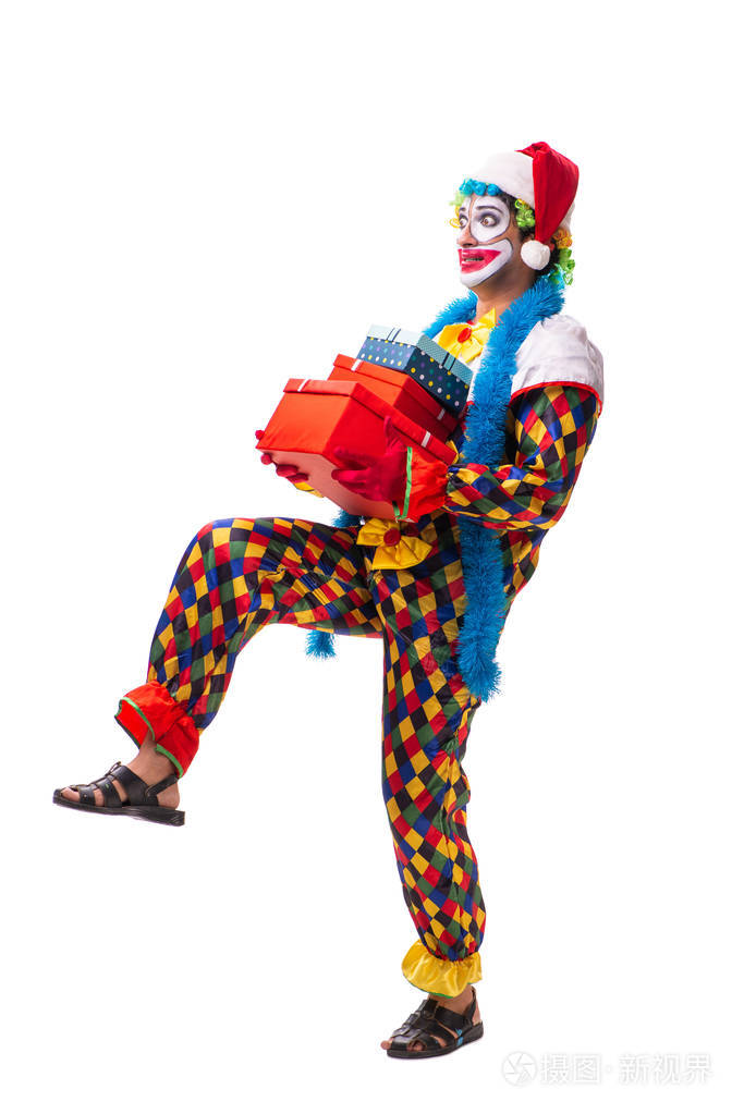 年轻的滑稽的小丑喜剧演员查出在白色
