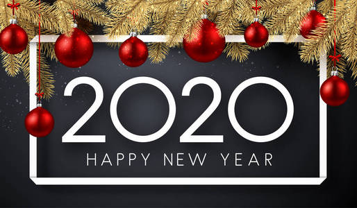 新年快乐2020卡与框架冷杉枝和红色圣诞球灰色