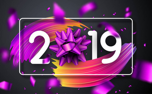 新年快乐，2019年海报，紫色蝴蝶结，彩色渐笔画，模糊纸屑