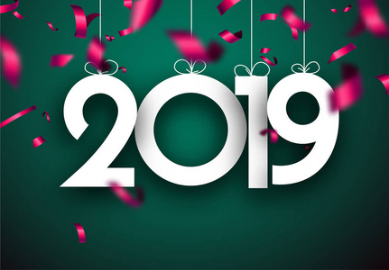 绿色新年2019年贺卡与粉红色模糊纸屑绿色