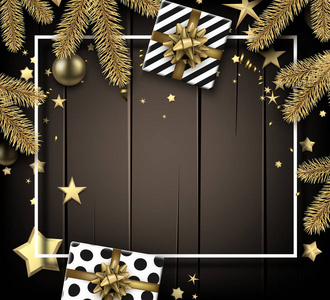 圣诞快乐，新年快乐，木制卡片，白色框架，冷杉树枝，礼物和纸屑