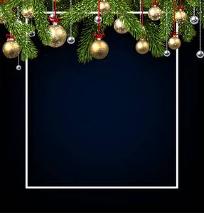 蓝色圣诞快乐，新年快乐，闪亮的卡片，白色的框架，冷杉枝和金色的圣诞球。