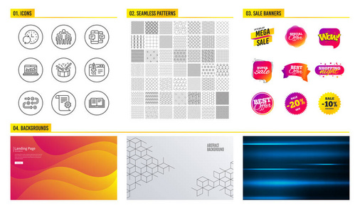 无缝的纹理。 商场横幅。 一组技术文档更新时间和组图标。 启动业务智能手机短信和调查进度标志。 纹理向量