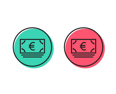 现金货币线图标。 银行货币标志。 欧元或欧元符号。 正负圆按钮的概念。 好的或坏的符号。 欧元汇率
