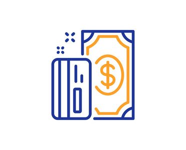 货币线图标。 付款方式标志。 信用卡符号。 五颜六色的轮廓概念。 蓝色和橙色细线颜色图标。 支付向量