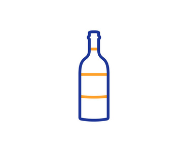 酒瓶线图标。 梅洛或赤霞珠标志。 五颜六色的轮廓概念。 蓝色和橙色细线颜色图标。 酒瓶载体