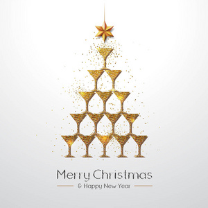 带有金色香槟玻璃的圣诞海报。 白色背景的金色圣诞树