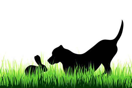 白色背景下草地上狗和兔子的矢量轮廓。