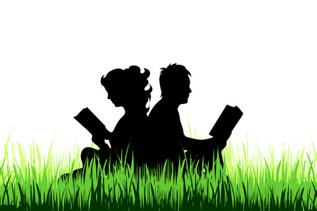 在草地上看书的夫妇的矢量剪影。