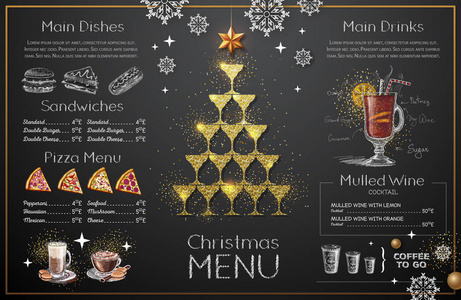 带有金色香槟杯的圣诞菜单设计。 餐厅菜单。 香槟杯金字塔