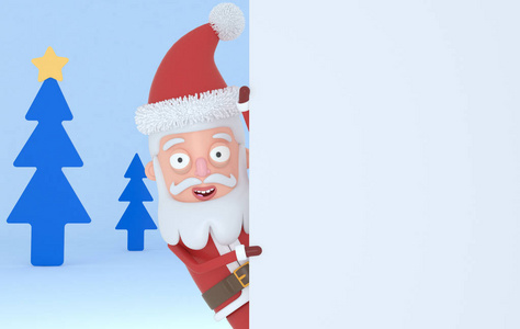 圣诞老人在森林里拿着一张白色的大帖子。 三维插图。