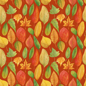 手绘秋叶。 水彩和铅笔。 无缝图案秋季留下可爱的印花包装纸明信片织物背景。