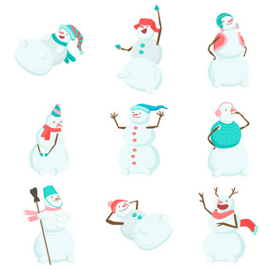 一套有趣和有趣的雪人。有趣的雪人在不同的服装和图像。雪人是国王, 雪人在溜冰, 雪人穿着裙子, 拿着扫帚