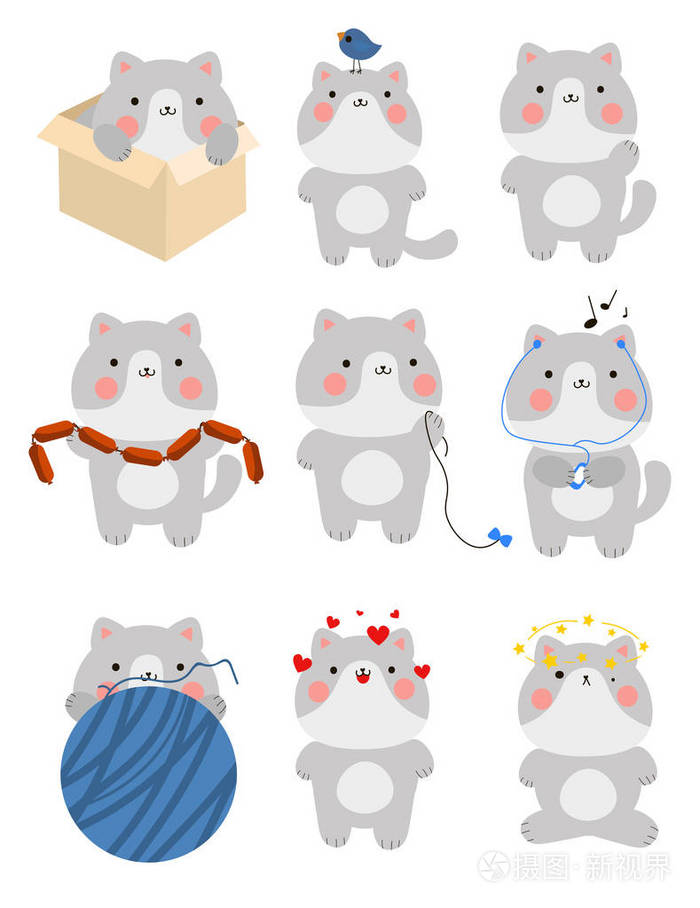 一套可爱的小猫与不同的情绪小猫恋爱了玩了一个线球听着音乐坐在一个
