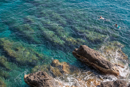 在意大利利古里亚海岸的蒙特罗索等地的清澈的水和岩石中游泳